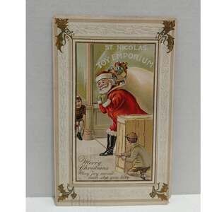 Antique Christmas Postcard Santa Claus boys hold rope to trip Santa Posted